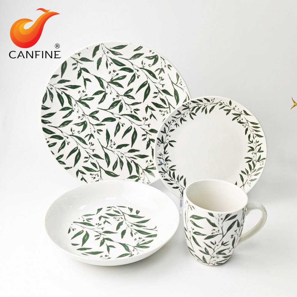 16 piece green leaf decal dinnerware set