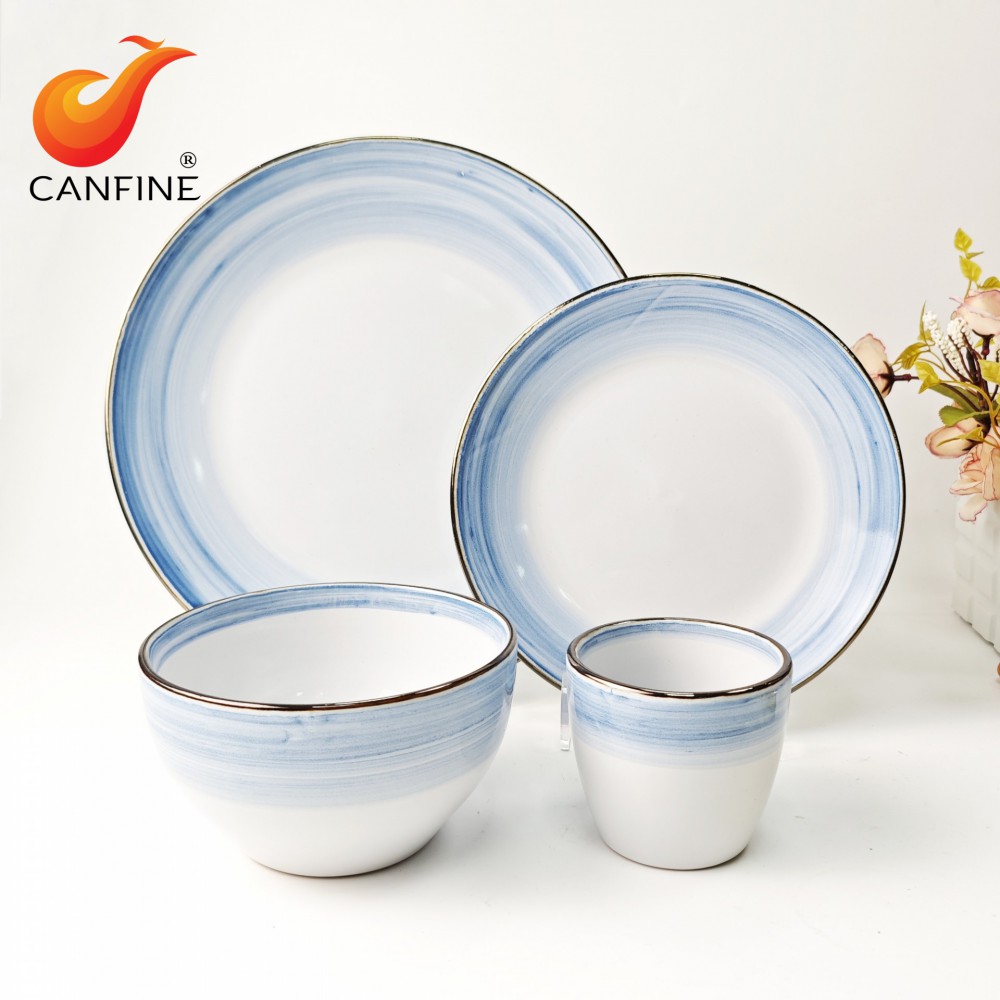 Hand painted blue stoneware dinnerware set