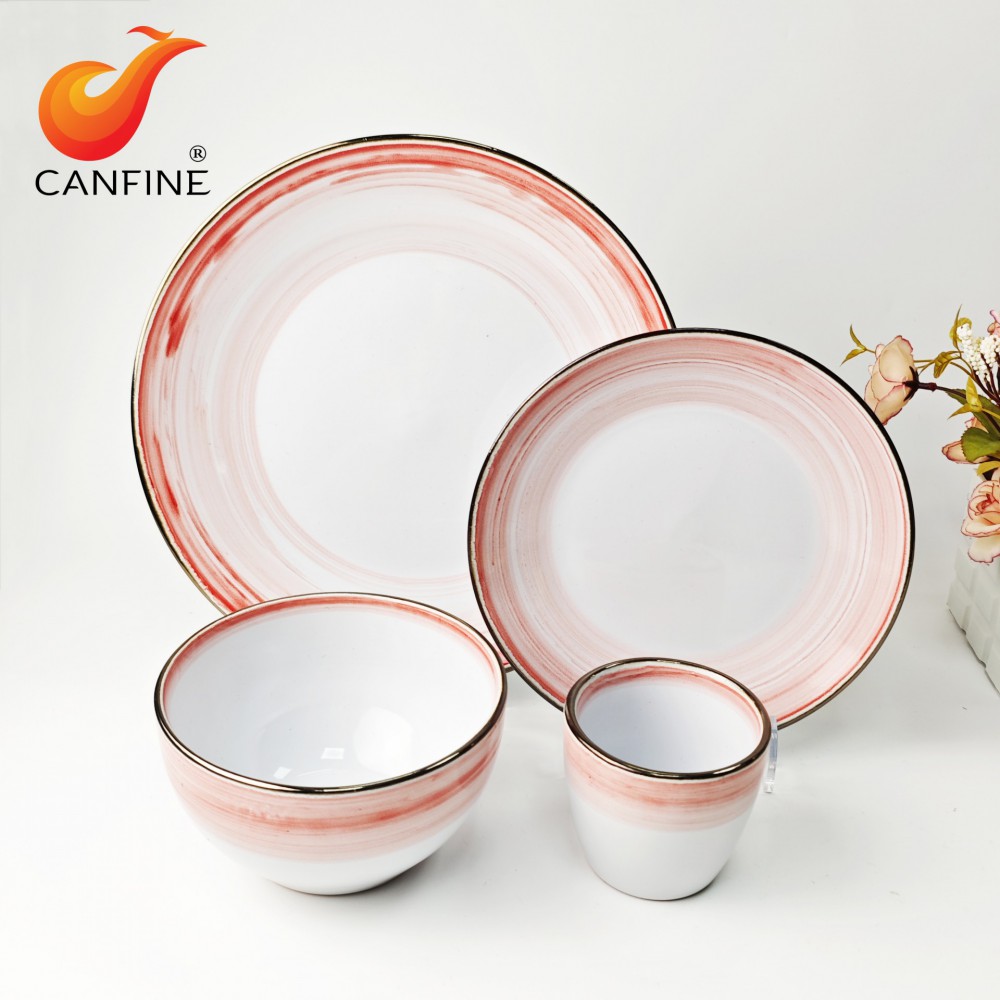 Hand painted pink stoneware dinnerware set