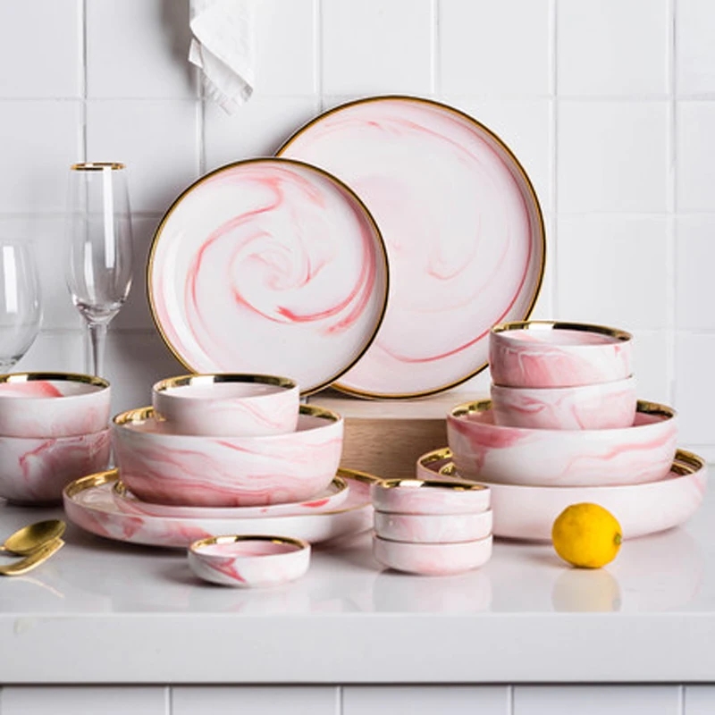 Pink marble pattern dinner set