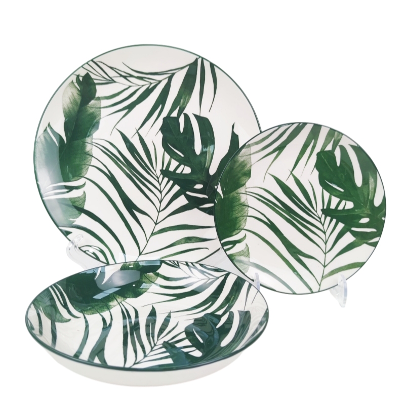 Pad-printed green leaf dinnerware set